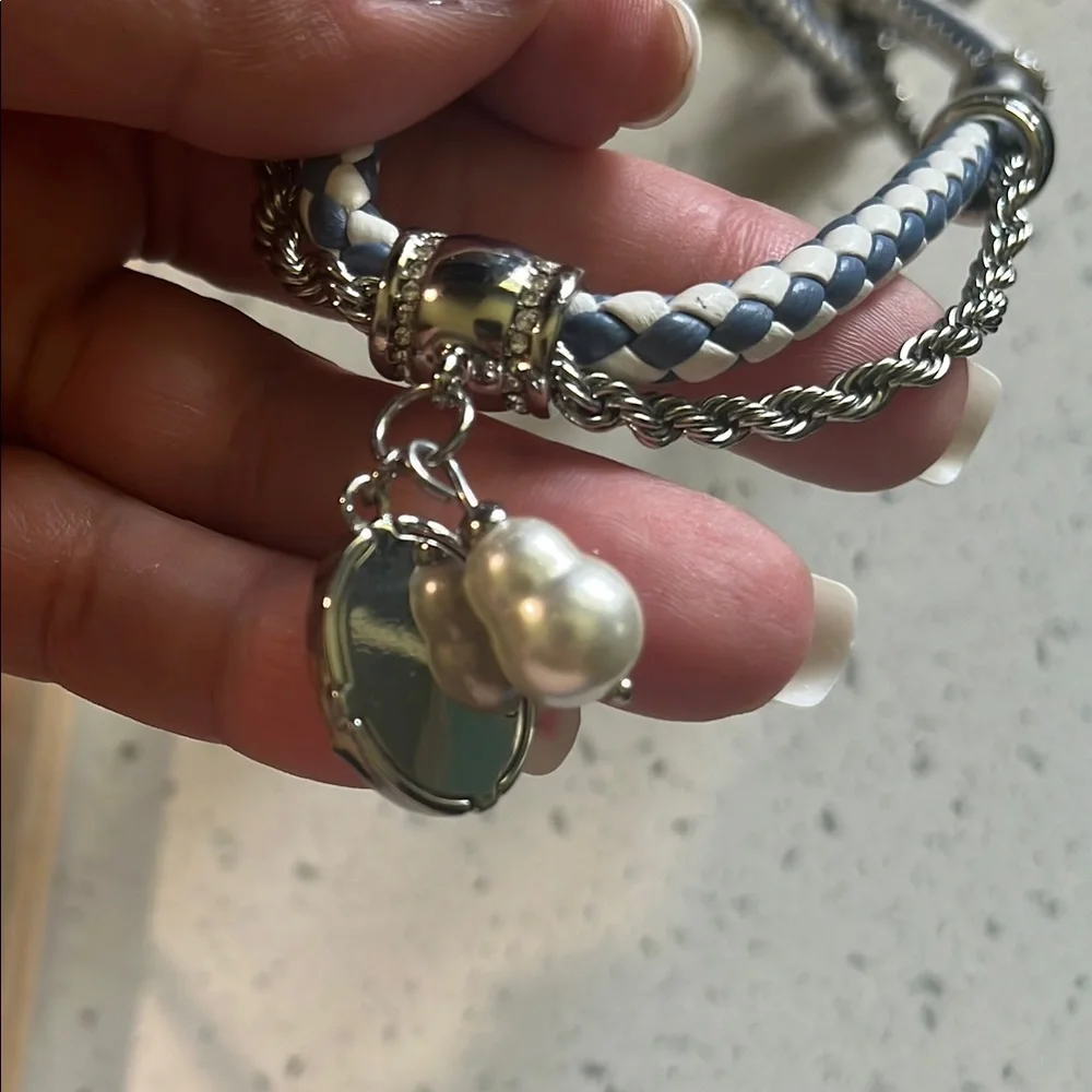 Braided Silver and White Necklace with‎ Peace Pendant